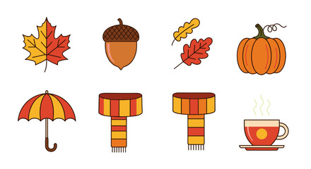 Collection of autumn themed icons featuring leaves acorn pumpkin umbrella scarves and a cup of tea