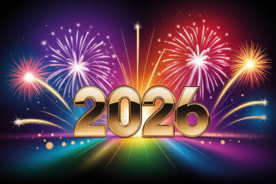 A celebratory New Year's design featuring the year 2026 in bold, golden 3D letters with a reflective, metallic finish. Happy New Year, Happy New Year 2026, Merry Christmas And Happy New Year