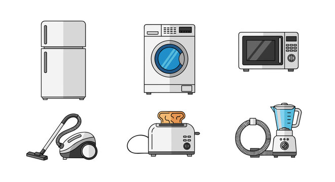 Illustration showing a collection of household appliances including a fridge and a washing machine and a toaster