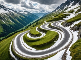 Stunning Aerial View of Serpentine Mountain Road Through Lush Green Hills and Snow-Capped Peaks on a Cloudy Day.