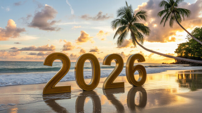 A serene tropical beach at sunset, with golden sunlight casting a warm glow over the tranquil ocean and sandy shore, with the number 2026. Happy New Year, Happy New Year 2026