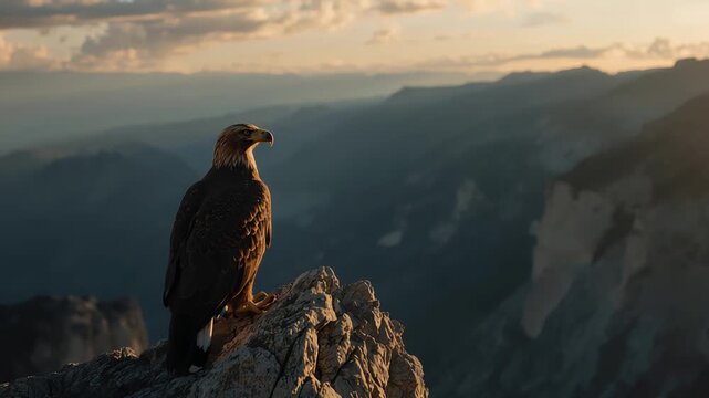 Eagle overlooking horizon, Majestic bird perches amid glowing