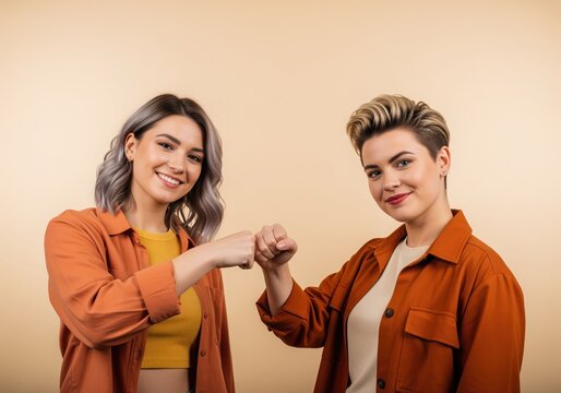 Peer partnership of two young women giving fist bump gesture used in content for diversity recruitment pages, youth mentorship programs and inclusive team culture resources across social media