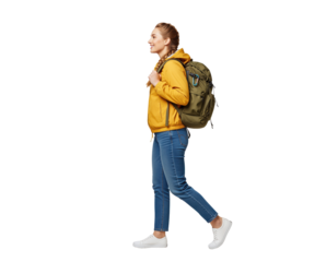 Travel woman with backpack walking in profile useful for youth tour operator content, university orientation pages plus hiking club emails about packing tips to plan weekend trips and short journeys