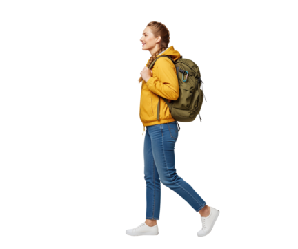 Travel woman with backpack walking in profile useful for youth tour operator content, university orientation pages plus hiking club emails about packing tips to plan weekend trips and short journeys