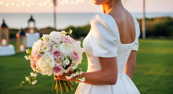 Outdoor wedding bouquet closeup for event planners and florists to use on ceremony leaflets, venue landing pages, invitation mockups, banner headers and social media for summer marriage services - Powered by Adobe