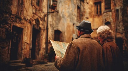 Elderly couple exploring an old European street while studying a map in warm, inviting tones