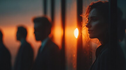 Executives at sunset in a glass office showcasing modern professionalism and teamwork under soft rimlight
