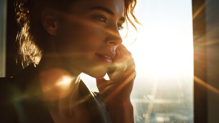 Businesswoman engaged in a thoughtful phone call by the window with dramatic sunlight highlighting her features