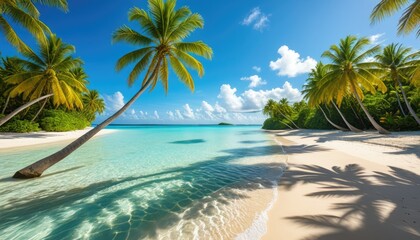 Obraz premium Tropical Paradise: Azure Waters, Palm Trees, and Sunshine on a Pristine Beach - Vacation Dream