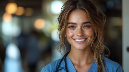 Nurse smiles warmly in bright medical environment showcasing compassionate care and professionalism