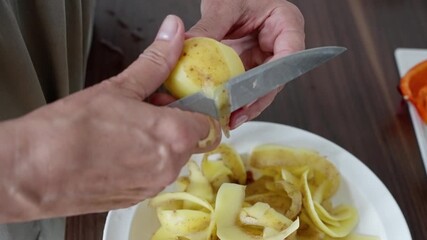 kitchen setup with vegetables and cutting actions, chef skillfully chopping vegetables for family meal preparation, lively kitchen scene with chopping potatoes and colorful peppers. Slow motion