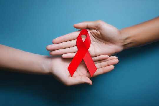 Ruban rouge symbole du Sidaction transmis de main en main sur fond bleu avec espace n&eacute;gatif copyspace visuel de sensibilisation lutte contre le sida Journ&eacute;e mondiale 1er d&eacute;cembre