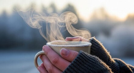 Hands Holding a Steaming Hot Drink on a Cold Winter Morning