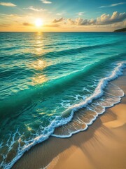 Tropical Sunset Beach: Turquoise Waves, Golden Sand, and a Radiant Sun - Serene Coastal Paradise for Relaxation and Travel