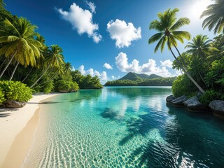 Tropical Paradise: Pristine Beach with Turquoise Water and Lush Palm Trees - Seychelles Island Getaway