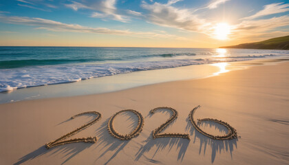 Message Year 2025 replaced by 2026 text written on beach sand background. Good bye 2025 - 2026 happy New Year coming concept. top view.
