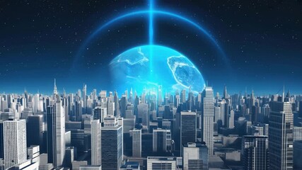 Futuristic Sci-Fi City with Glowing Planet. Flying over a high-tech cityscape towards a giant blue energy sphere in a starry sky. - Powered by Adobe