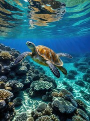 Underwater Turtle Paradise: Vibrant Coral Reef and Majestic Sea Turtle in Crystal Clear Waters