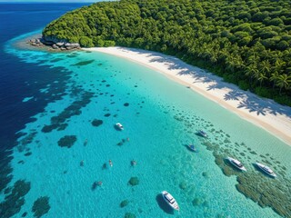 Tropical Paradise: Aerial View of Turquoise Waters, White Sand Beach & Luxury Yachts in a Remote Island Setting