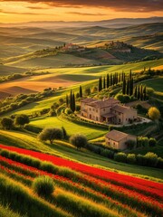Tuscan Sunset Serenity: Rolling Hills, Cypress Trees, and a Charming Italian Farmhouse at Golden Hour