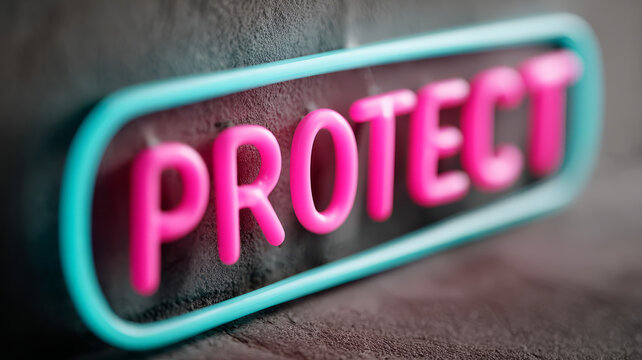 Neon 'Protect' sign glowing in pink and blue on dark background.