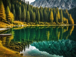 Vibrant Autumn Reflections on a Calm Mountain Lake, Showcasing Golden Forests and Majestic Peaks