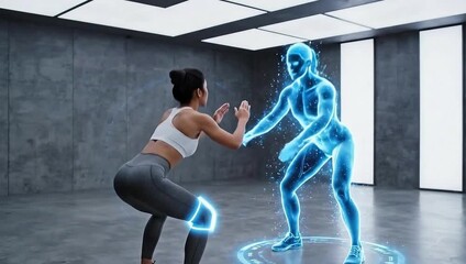 Interactive Workout: A woman engages in a workout session, guided by a holographic avatar in a futuristic, sleek gym setting, highlighting the fusion of fitness and technology.