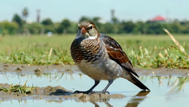 Close up 4K footage of a scaly breasted munia Lonchura punctulata also called the nutmeg mannikin or spice finch standing at the edge of a shallow muddy puddle highlighting fine feather detail color