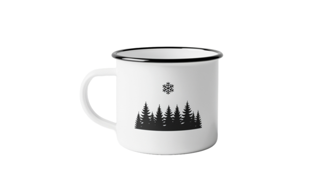 White enamel mug with black winter forest design and snowflake on white background