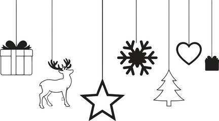 Black and white Christmas ornaments hanging on white background holiday decoration