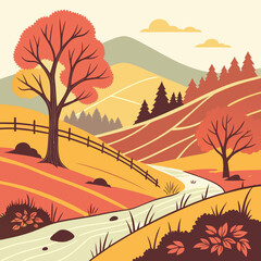 Illustration of a winding stream through autumn hills with trees and fence under a cloudy sky scene