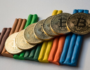 Bitcoin Coins on Colorful Financial Bars