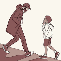 A man in a coat and cap walks downhill as a child looks up at him with a thoughtful expression on his face