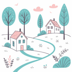 Illustration of a landscape with houses trees and a winding path in a whimsical style drawing art