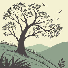 Illustration of a large tree with leaves on a hillside with birds flying in the background landscape