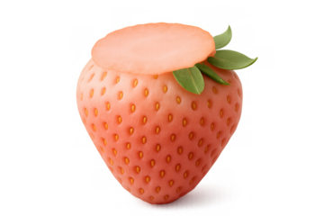 Fresh pineberry strawberry with cap sliced off, showcasing white fruit flesh, healthy summer food ingredient on transparent background
