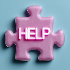 Obraz premium Pink puzzle piece with 'HELP' glowing in neon letters.