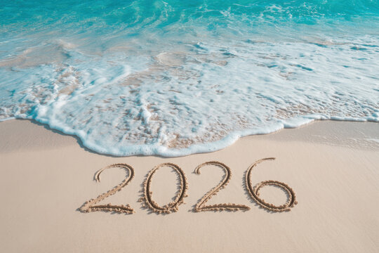 2026 number written in sand on a beach, symbolising celebration, new year concept