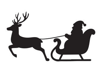 santa flying in sleigh with reindeer logo silhouette vector, santa's sleigh silhouette vector illustration, christmas night sky sleigh and reindeer flying logo silhouettes vector on white background