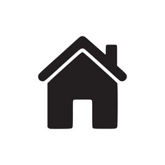 A minimalist black house icon with a chimney and a simple door on a plain white background display