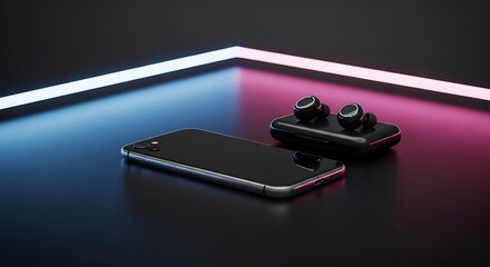 Mobile phone and wireless earbuds on dark surface