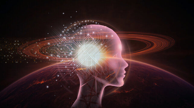 Artificial Intelligence in Space: Glowing Digital Head with Circuit Brain Floating Over Planet at Sunrise