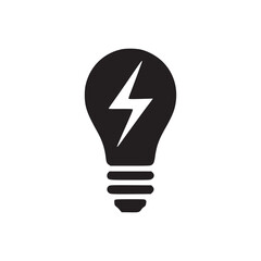 A black and white graphic illustration of a lightbulb with a lightning bolt inside of it centered