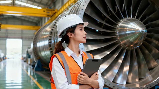 Inspection professional reviews large airplane engine in controlled
