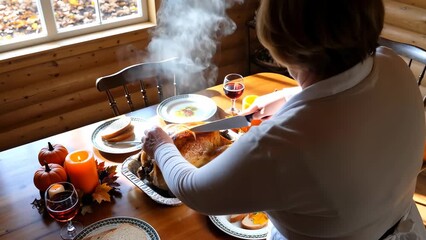 Preparing a Thanksgiving Feast with a Mature Hispanic Woman Carving Turkey