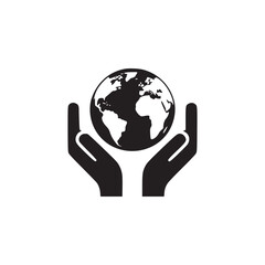Black silhouette of hands holding a globe on a white background in a simple graphic illustration