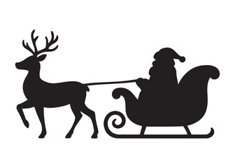 santa flying in sleigh with reindeer logo silhouette vector, santa's sleigh silhouette vector illustration, christmas night sky sleigh and reindeer flying logo silhouettes vector on white background