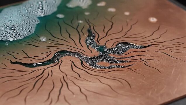 Abstract Engraving: An artistic close-up reveals intricate engraving on a copper surface, featuring a unique, textured design with subtle gradients and forms, evoking a sense of industrial artistry.