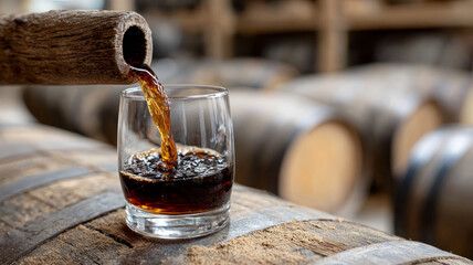 Pouring whiskey into glass on a wooden barrel.